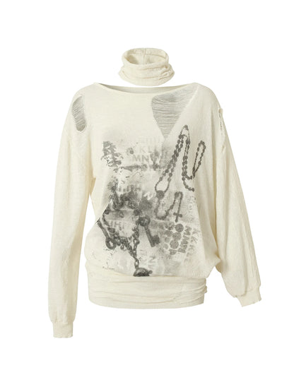 Punk Grunge Royal Print Off-Shoulder Knit Top