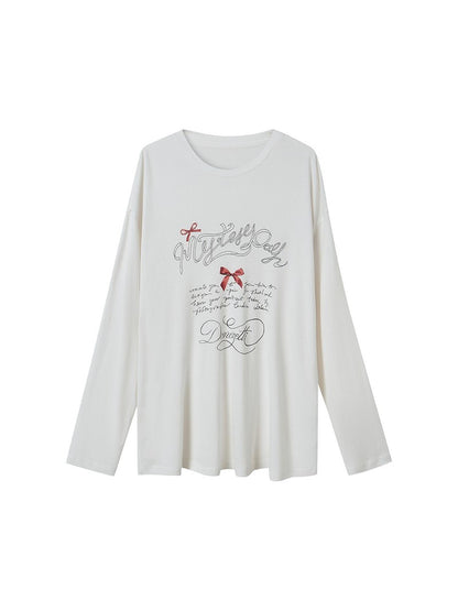 DIDDI MODA Fun Rope Colorful Wheat Print Oversized Knit Tee Bow Silk Blouse