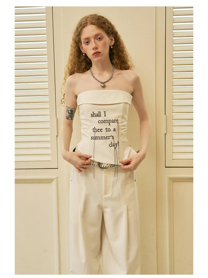 DIDDI MODA Fringed Embroidered Waist Gathered Striped Bustier Pants Set