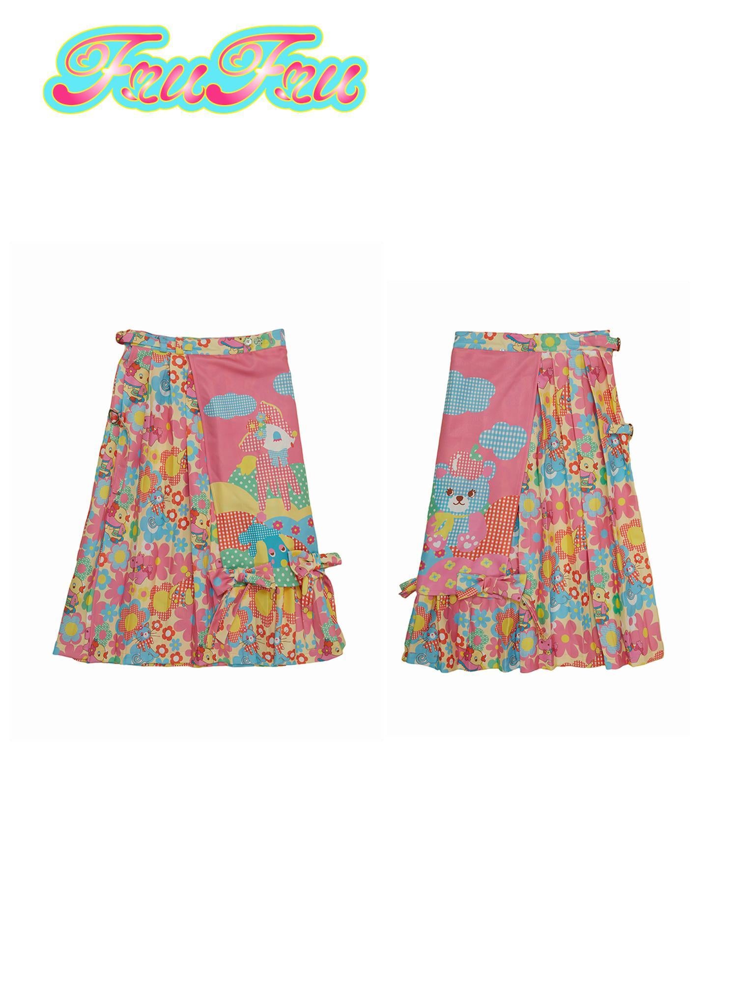 Frufru Gulu Pink Deer Print Pleated Skirt Winter Cute Slim Fit Girls A Line