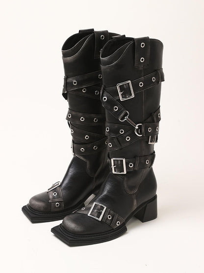 2th Desire Vintage Black Brown Chunky Heel Knee High Boots Women Shoes