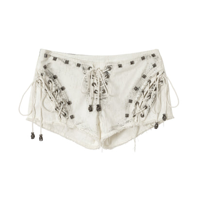 NO ROMANCE Vintage Punk Street Grunge Distressed Low-Rise Shorts