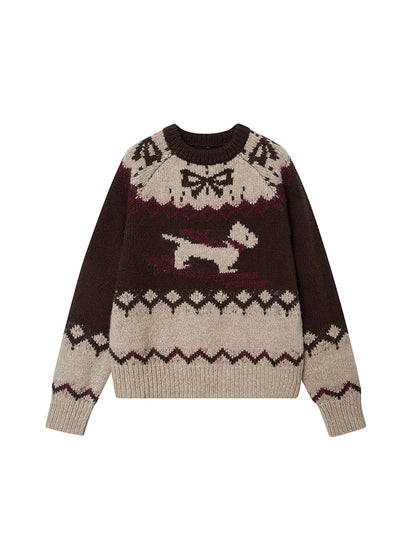 DIDDI MODA Fair Isle Ski Dog Colorblock Knit Sweater