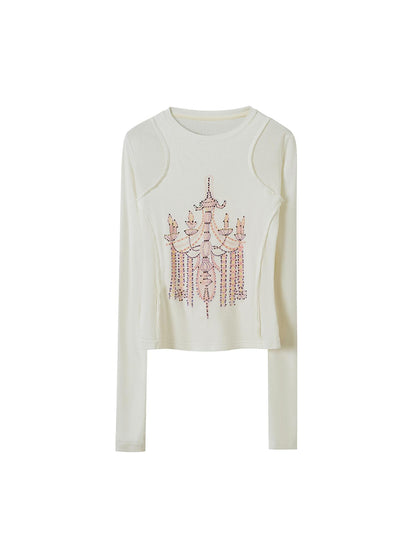 DIDDI MODA Classic Crystal Chandelier Print Layered Long Sleeve Top