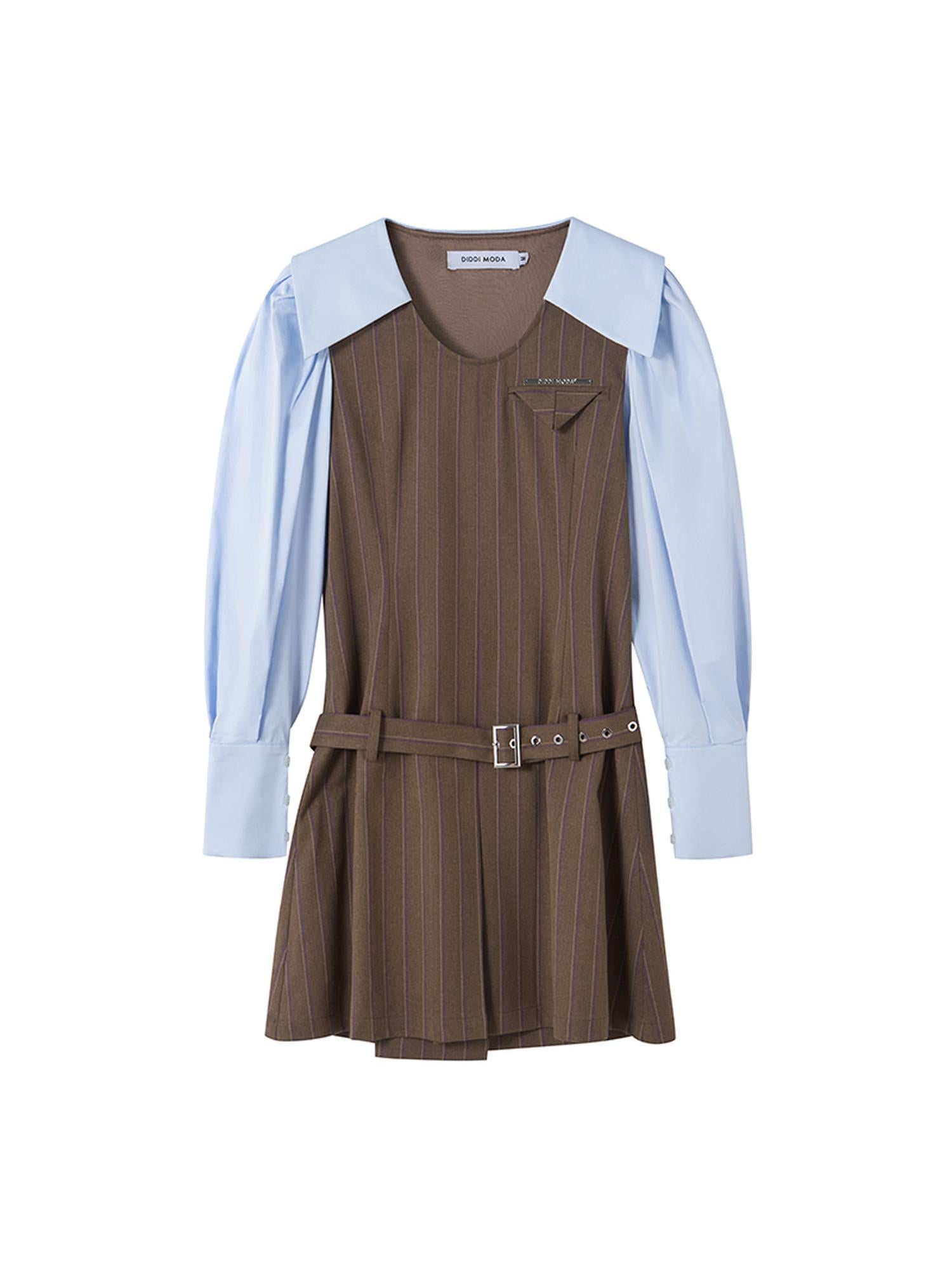 DIDDI MODA Retro Color Block A Line Dress With Low Waist Belt