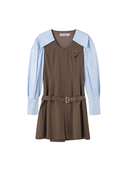 DIDDI MODA Retro Color Block A Line Dress With Low Waist Belt