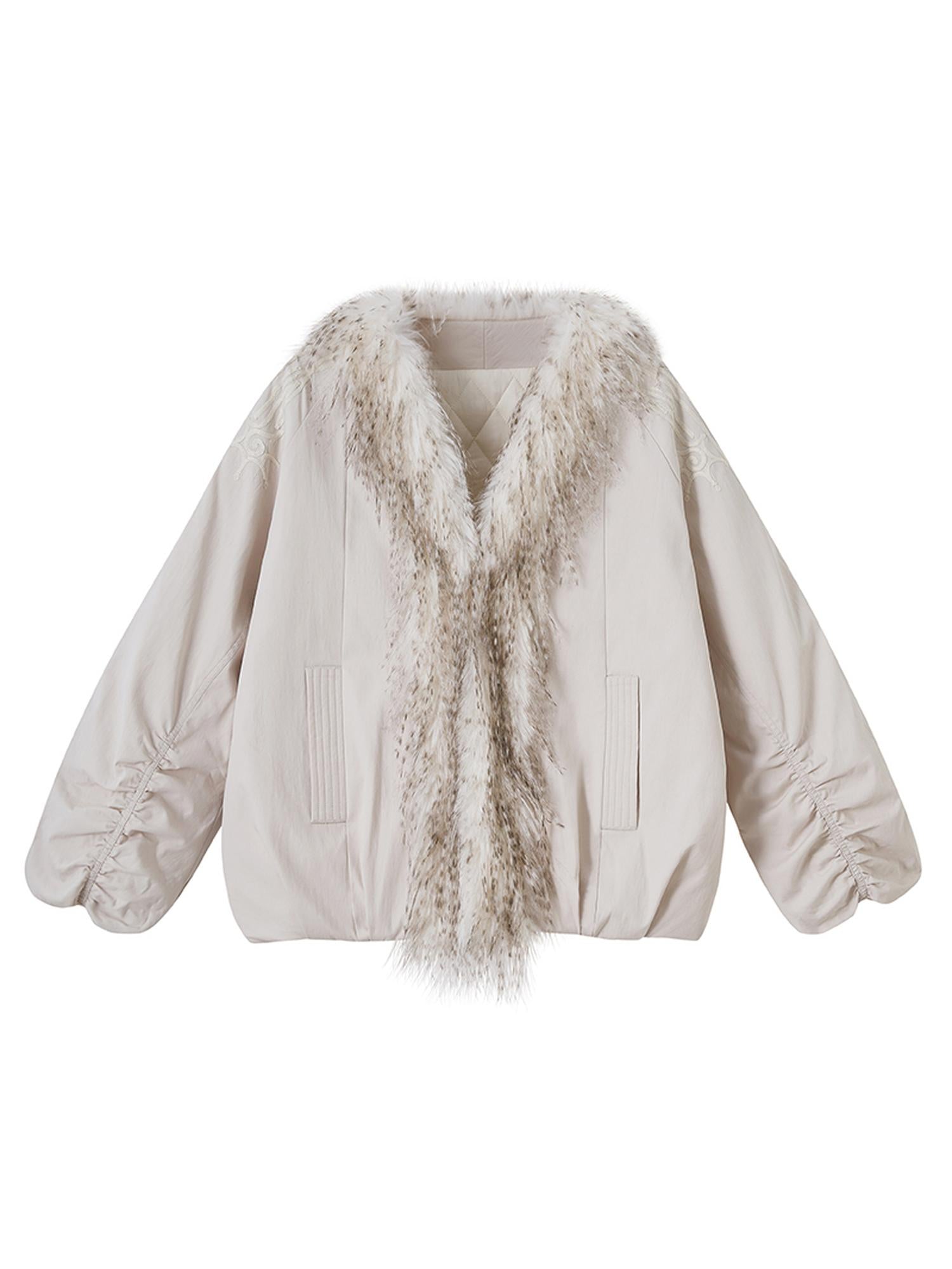 DIDDI MODA Oversized Embroidered Sun Puffer Jacket With Faux Fur Trim