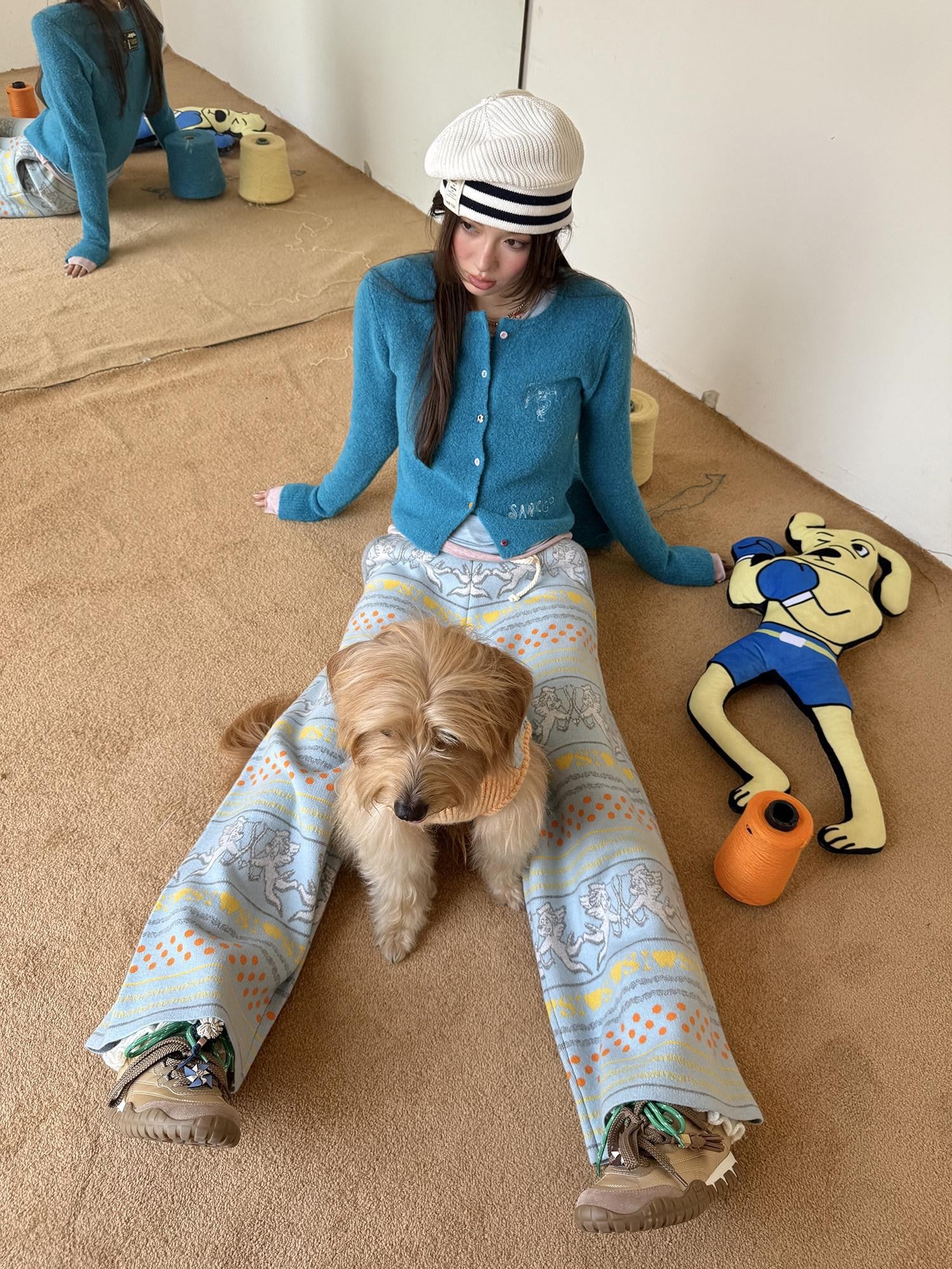 sancco house Angel Dog Striped Knit Women&