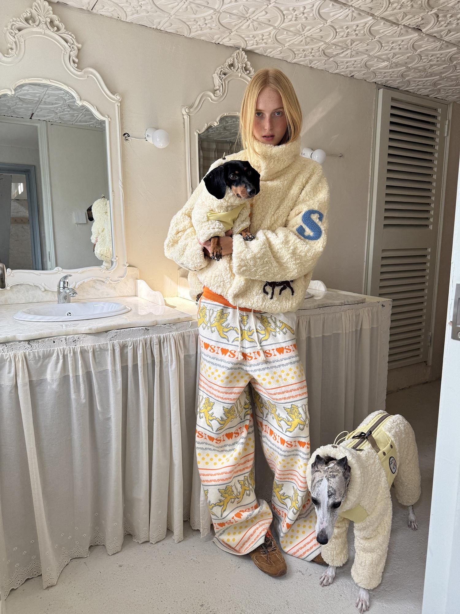 sancco house Angel Dog Striped Knit Women&