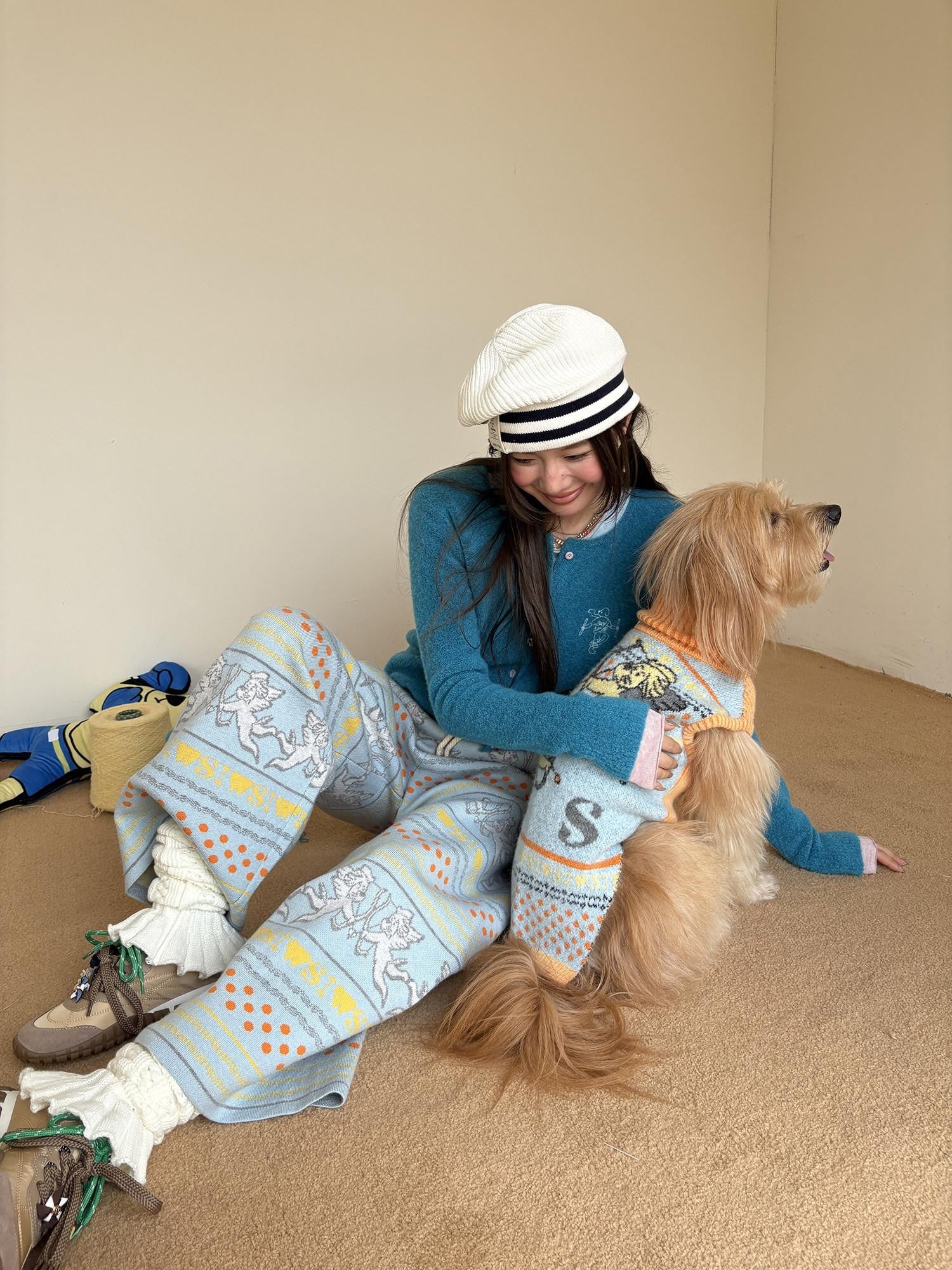 sancco house Angel Dog Striped Knit Women&