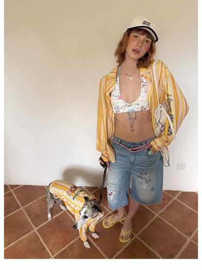 sancco house Beach Striped Dog Embroidery Women&