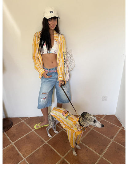sancco house Beach Striped Dog Embroidery Women&
