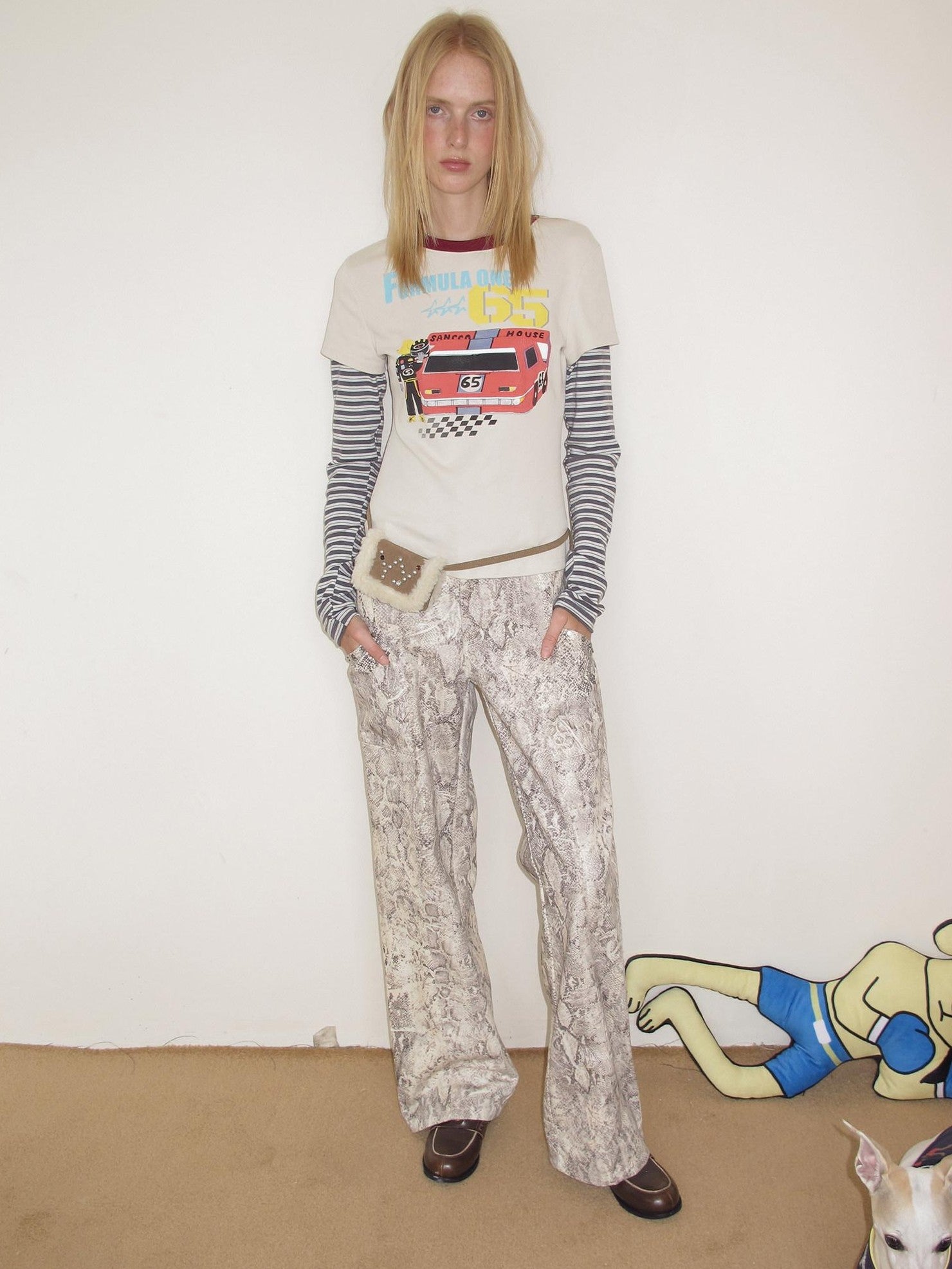 sancco house Beige Racing Dog Print Faux Layered Crewneck Women&
