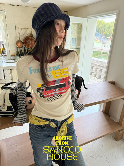 sancco house Beige Racing Dog Print Faux Layered Crewneck Women&