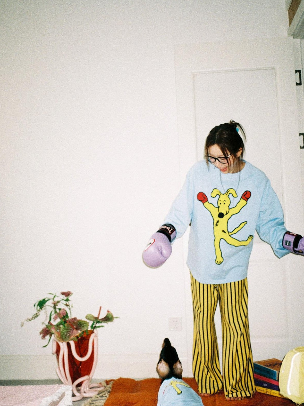 sancco house Boxing Puppy Print Colorblock Striped Women&