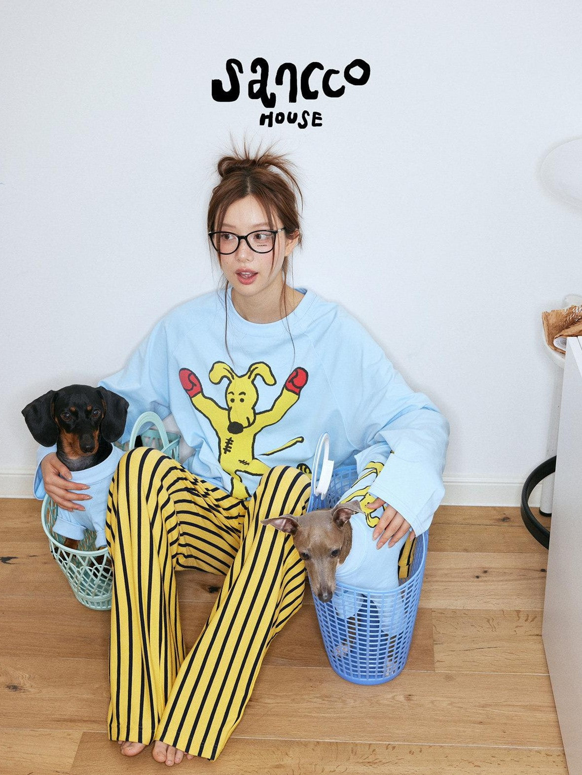 sancco house Boxing Puppy Print Colorblock Striped Women&