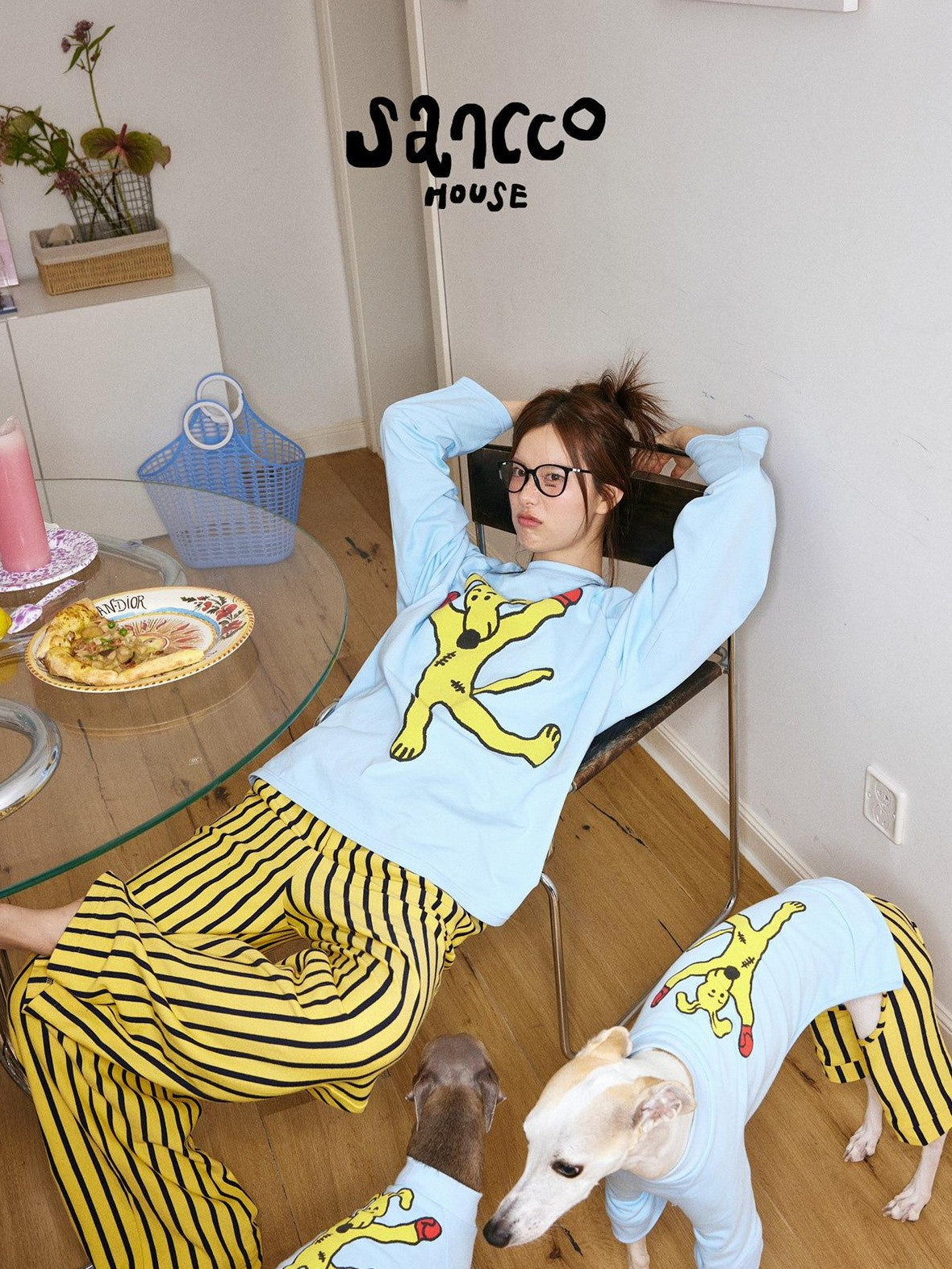 sancco house Boxing Puppy Print Colorblock Striped Women&