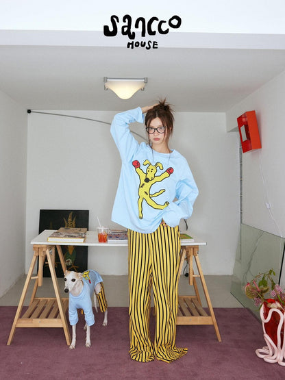 sancco house Boxing Puppy Print Colorblock Striped Women&