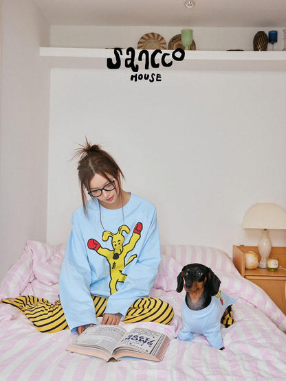 sancco house Boxing Puppy Print Colorblock Striped Women&