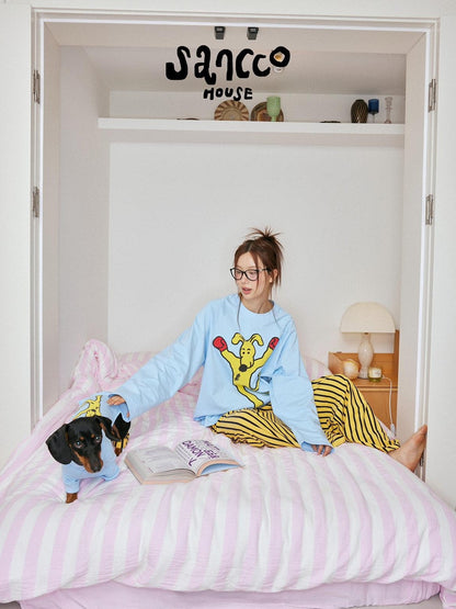 sancco house Boxing Puppy Print Colorblock Striped Women&
