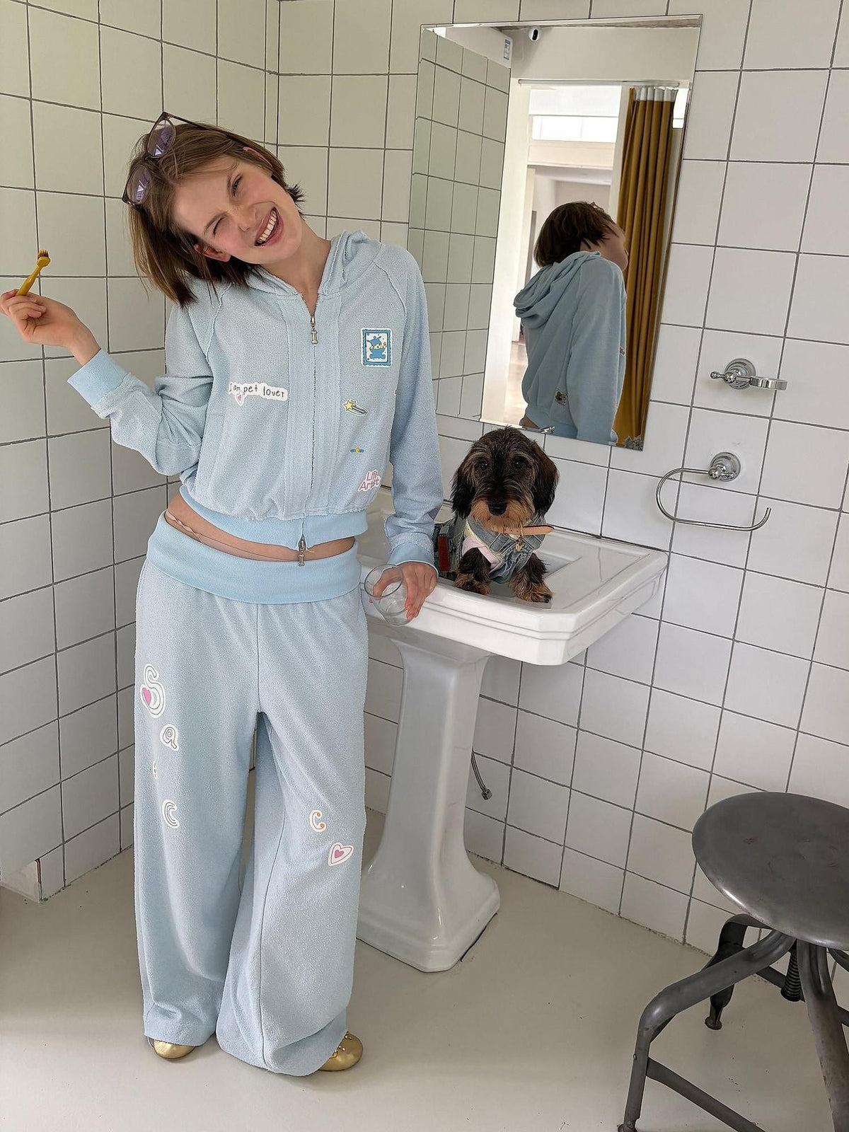 sancco house Cartoon Dog Sticker Print Terry Cloth Women&