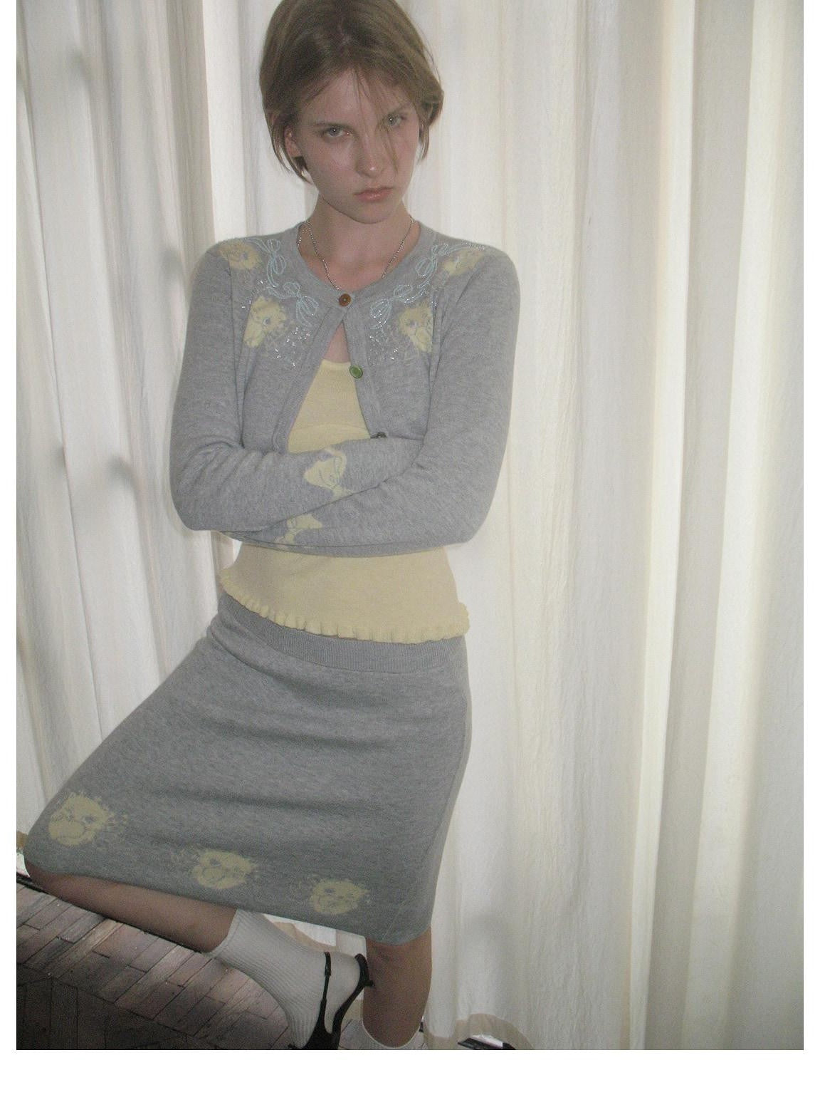 sancco house Cat Jacquard Colorful Wool Blend Cardigan Camisole Skirt Bow Women&