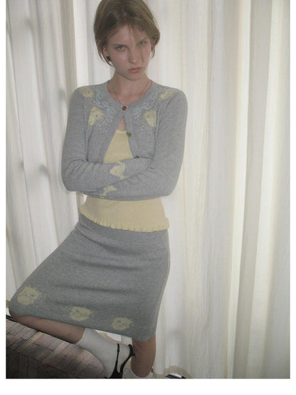 sancco house Cat Jacquard Colorful Wool Blend Cardigan Camisole Skirt Bow Women&