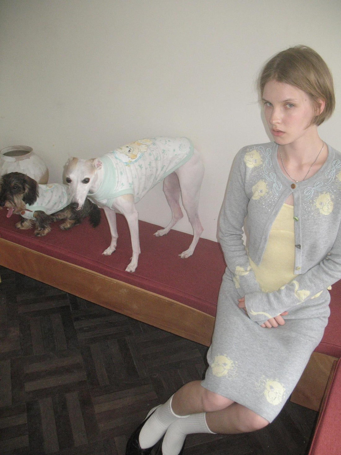 sancco house Cat Jacquard Colorful Wool Blend Cardigan Camisole Skirt Bow Women&