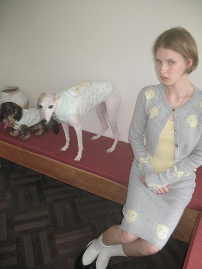 sancco house Cat Jacquard Colorful Wool Blend Cardigan Camisole Skirt Bow Women&