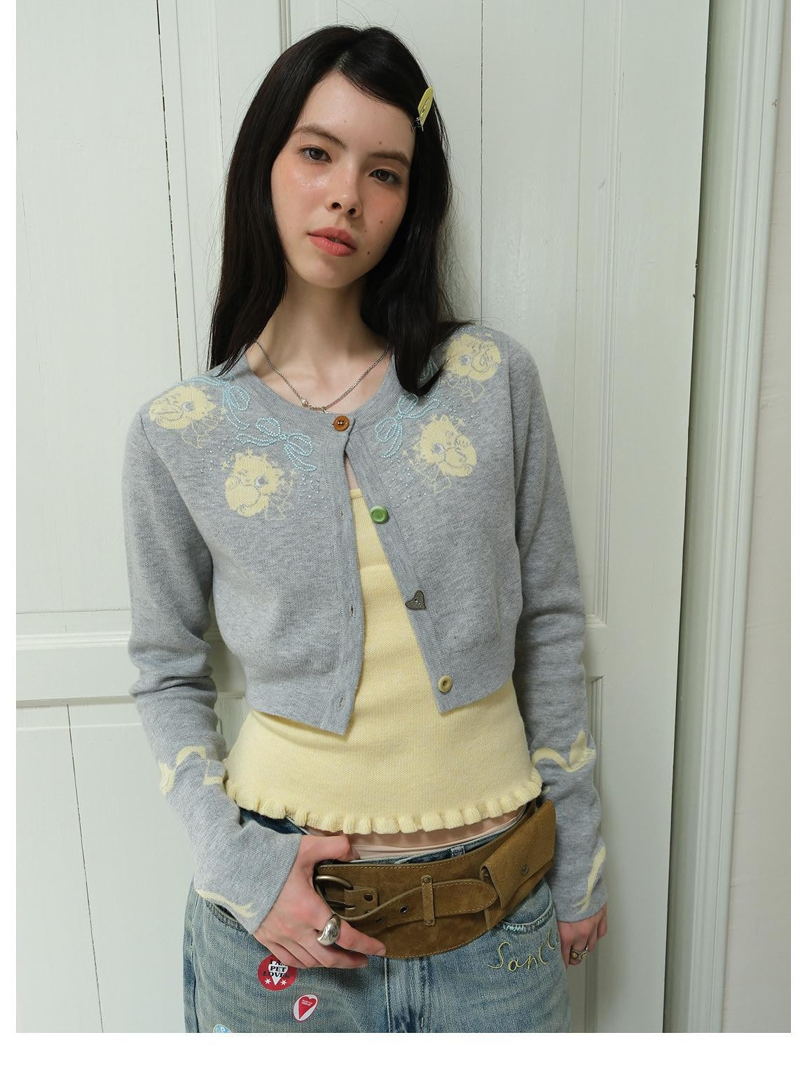 sancco house Cat Jacquard Colorful Wool Blend Cardigan Camisole Skirt Bow Women&