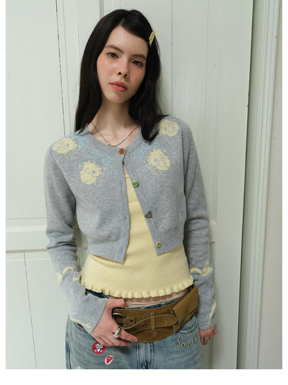 sancco house Cat Jacquard Colorful Wool Blend Cardigan Camisole Skirt Bow Women&