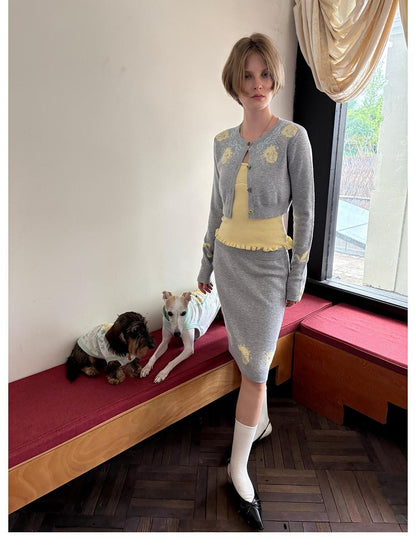 sancco house Cat Jacquard Colorful Wool Blend Cardigan Camisole Skirt Bow Women&