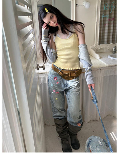 sancco house Cat Jacquard Colorful Wool Blend Cardigan Camisole Skirt Bow Women&