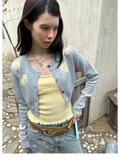 sancco house Cat Jacquard Colorful Wool Blend Cardigan Camisole Skirt Bow Women&