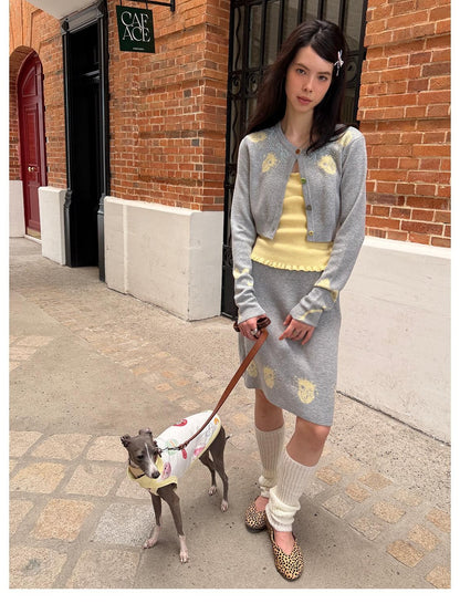 sancco house Cat Jacquard Colorful Wool Blend Cardigan Camisole Skirt Bow Women&