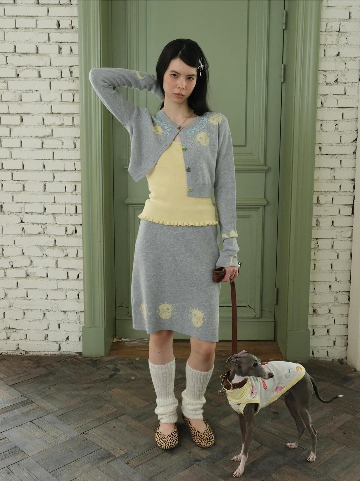 sancco house Cat Jacquard Colorful Wool Blend Cardigan Camisole Skirt Bow Women&