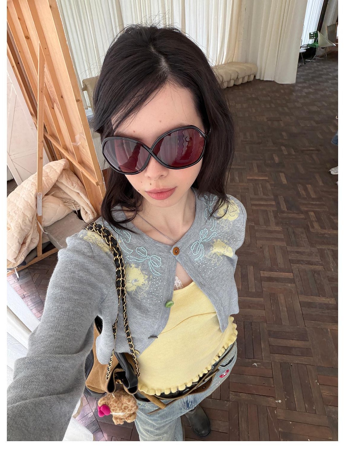 sancco house Cat Jacquard Colorful Wool Blend Cardigan Camisole Skirt Bow Women&