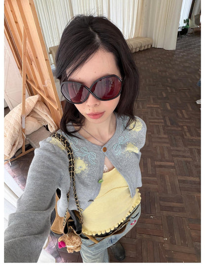 sancco house Cat Jacquard Colorful Wool Blend Cardigan Camisole Skirt Bow Women&