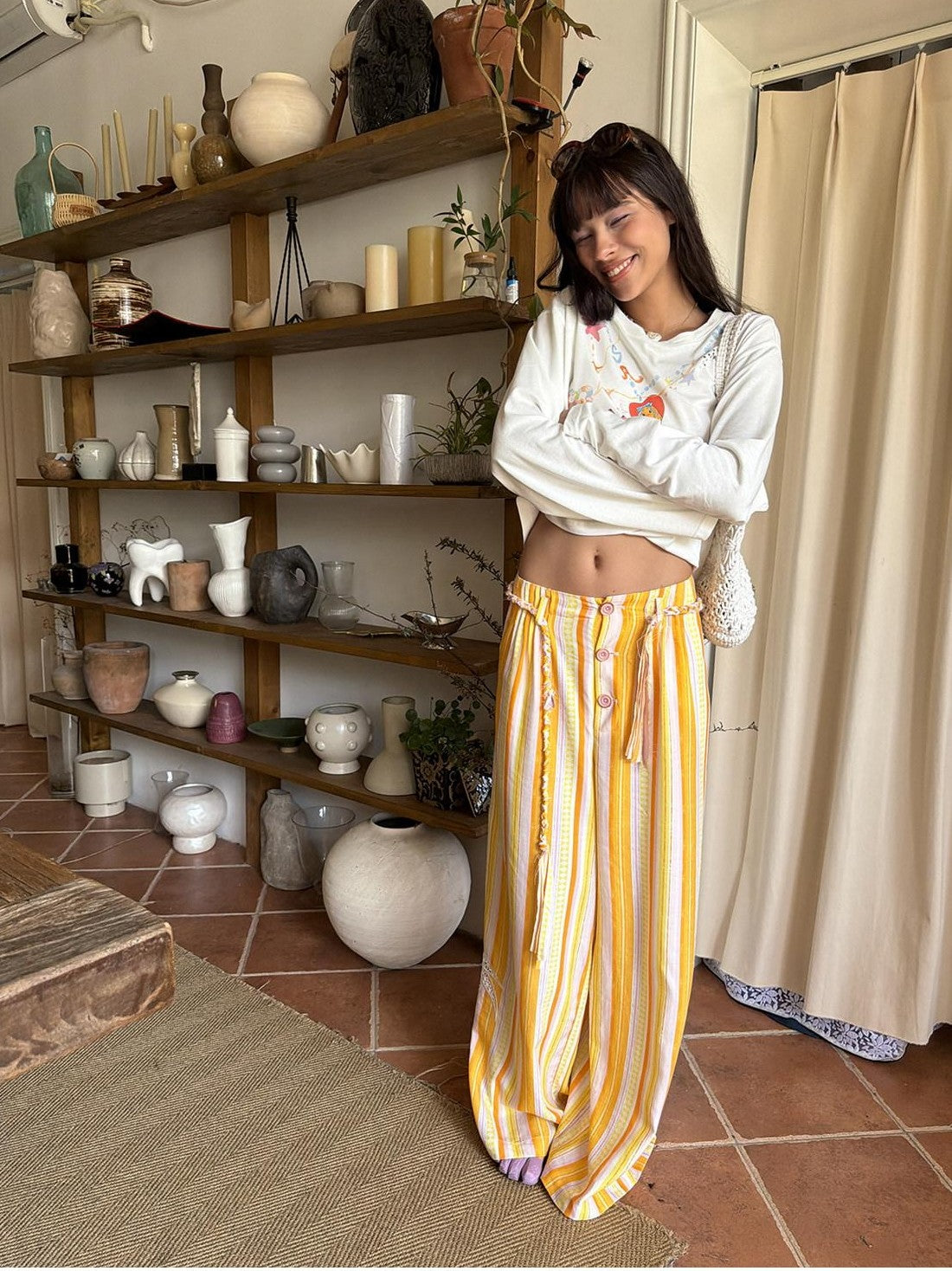 sancco house Coconut Tree Cutout Embroidery Striped Women&