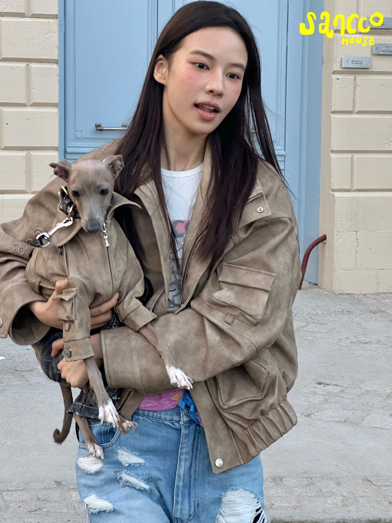 sancco house Coffee Brown Oversized Biker Lapel Collar Cropped Women&