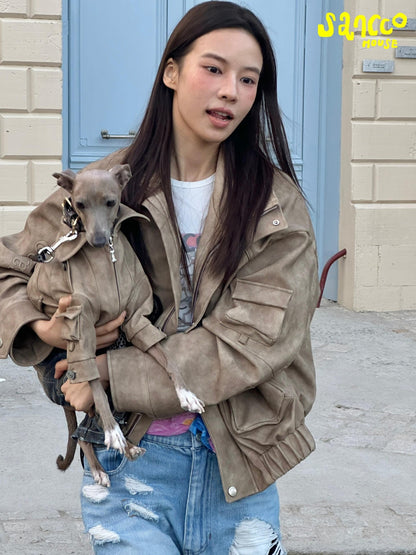 sancco house Coffee Brown Oversized Biker Lapel Collar Cropped Women&