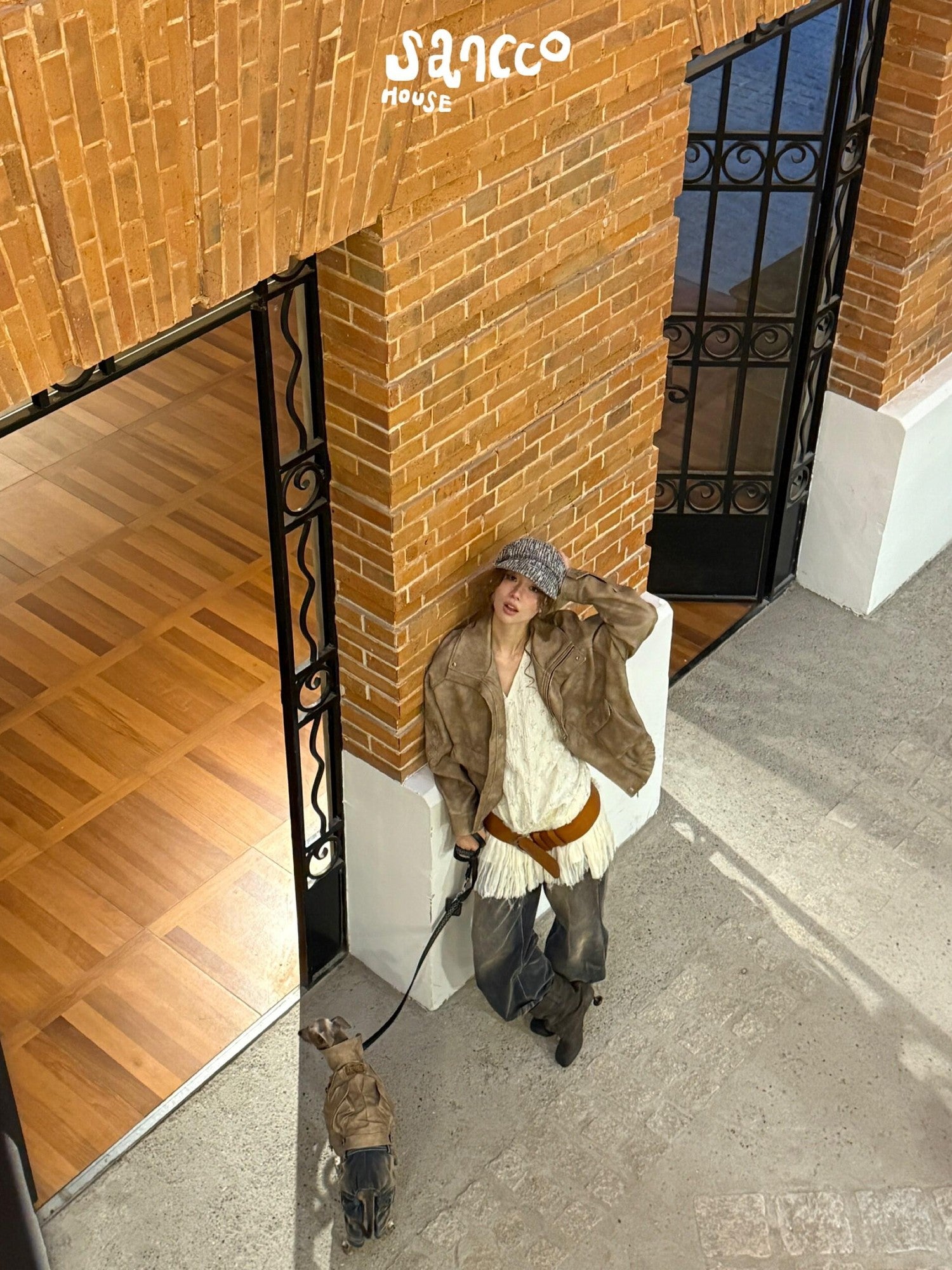 sancco house Coffee Brown Oversized Biker Lapel Collar Cropped Women&