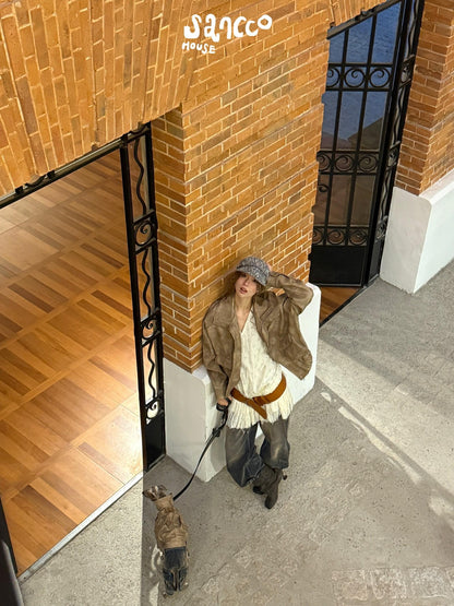 sancco house Coffee Brown Oversized Biker Lapel Collar Cropped Women&