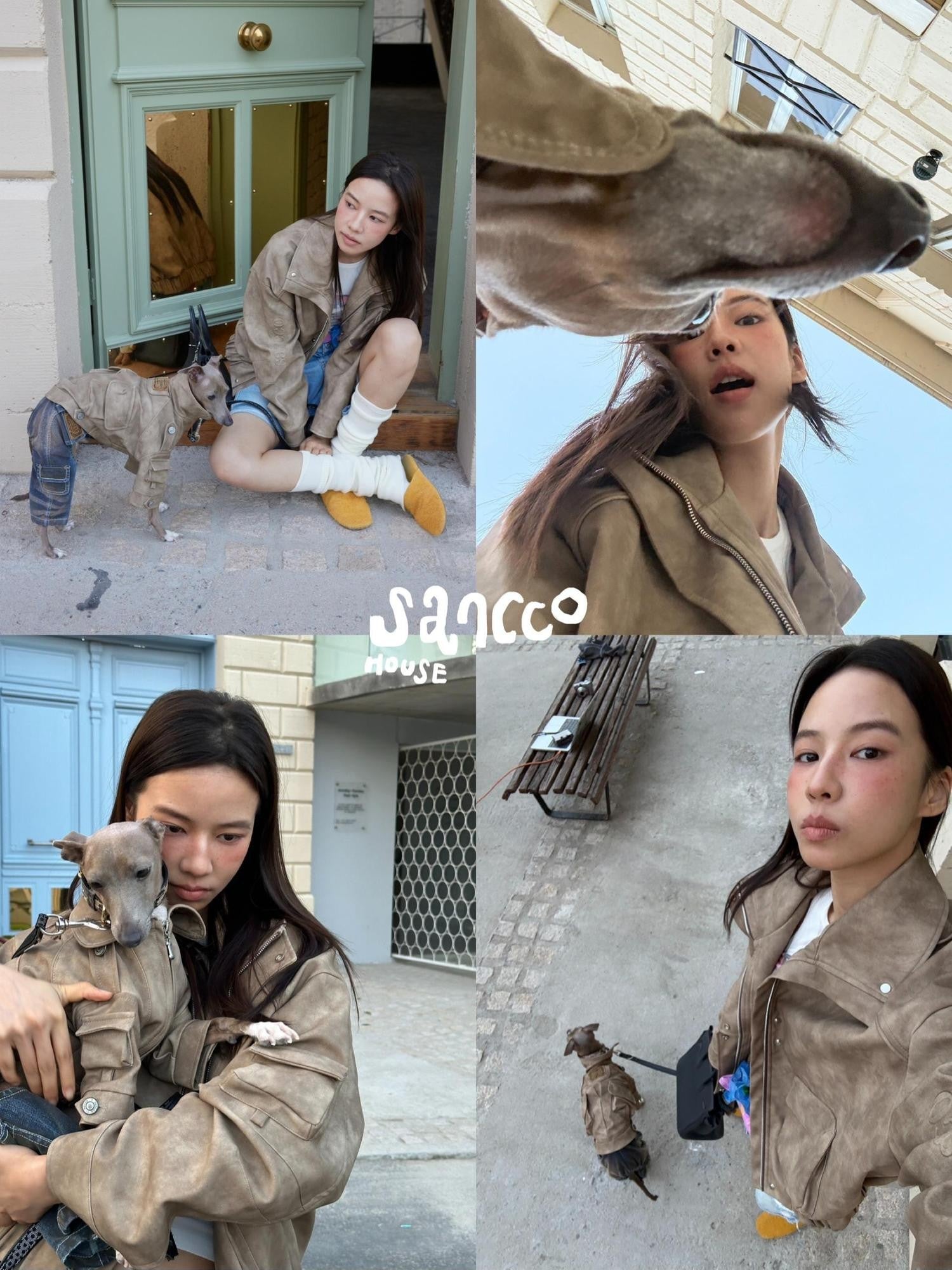 sancco house Coffee Brown Oversized Biker Lapel Collar Cropped Women&