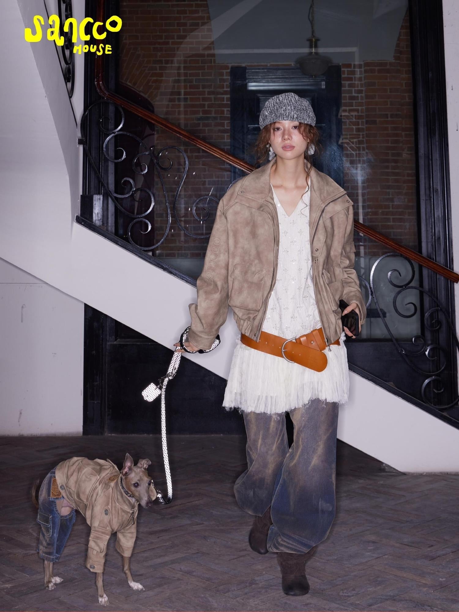 sancco house Coffee Brown Oversized Biker Lapel Collar Cropped Women&