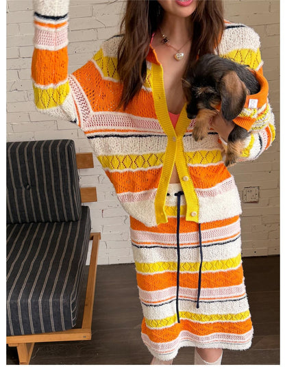sancco house Colorblock Openwork Striped Cardigan Women&
