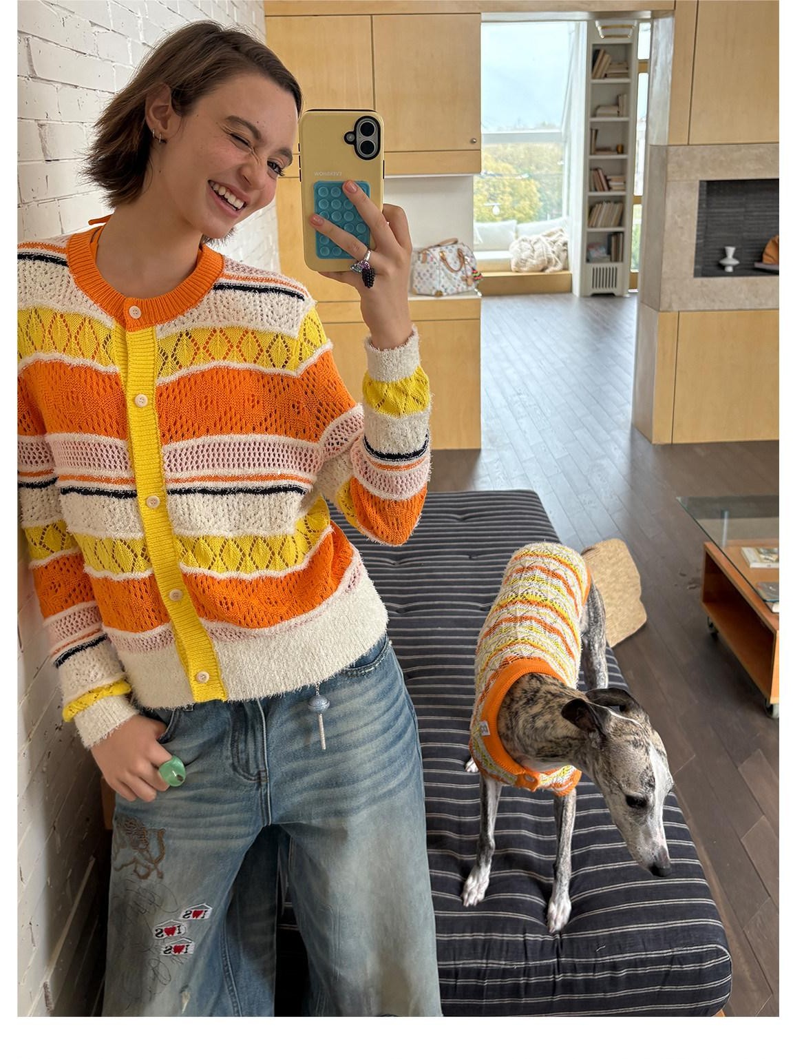 sancco house Colorblock Openwork Striped Cardigan Women&