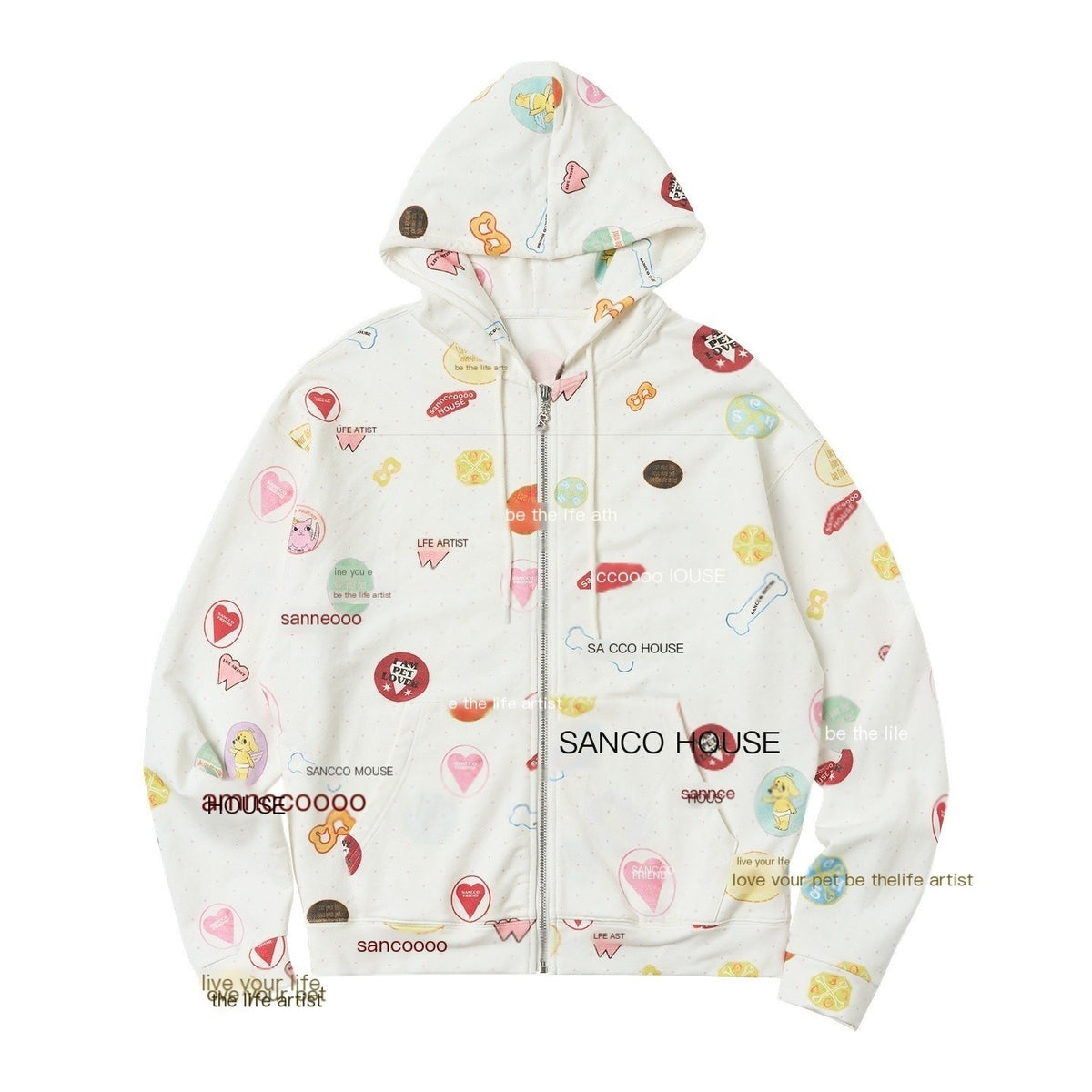 sancco_house_Colorful_Badge_Print_Hooded_Zip_Loose_Women&