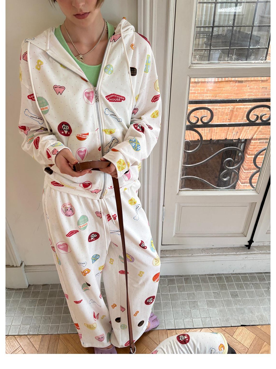 sancco house Colorful Badge Print Hooded Zip Loose Women&