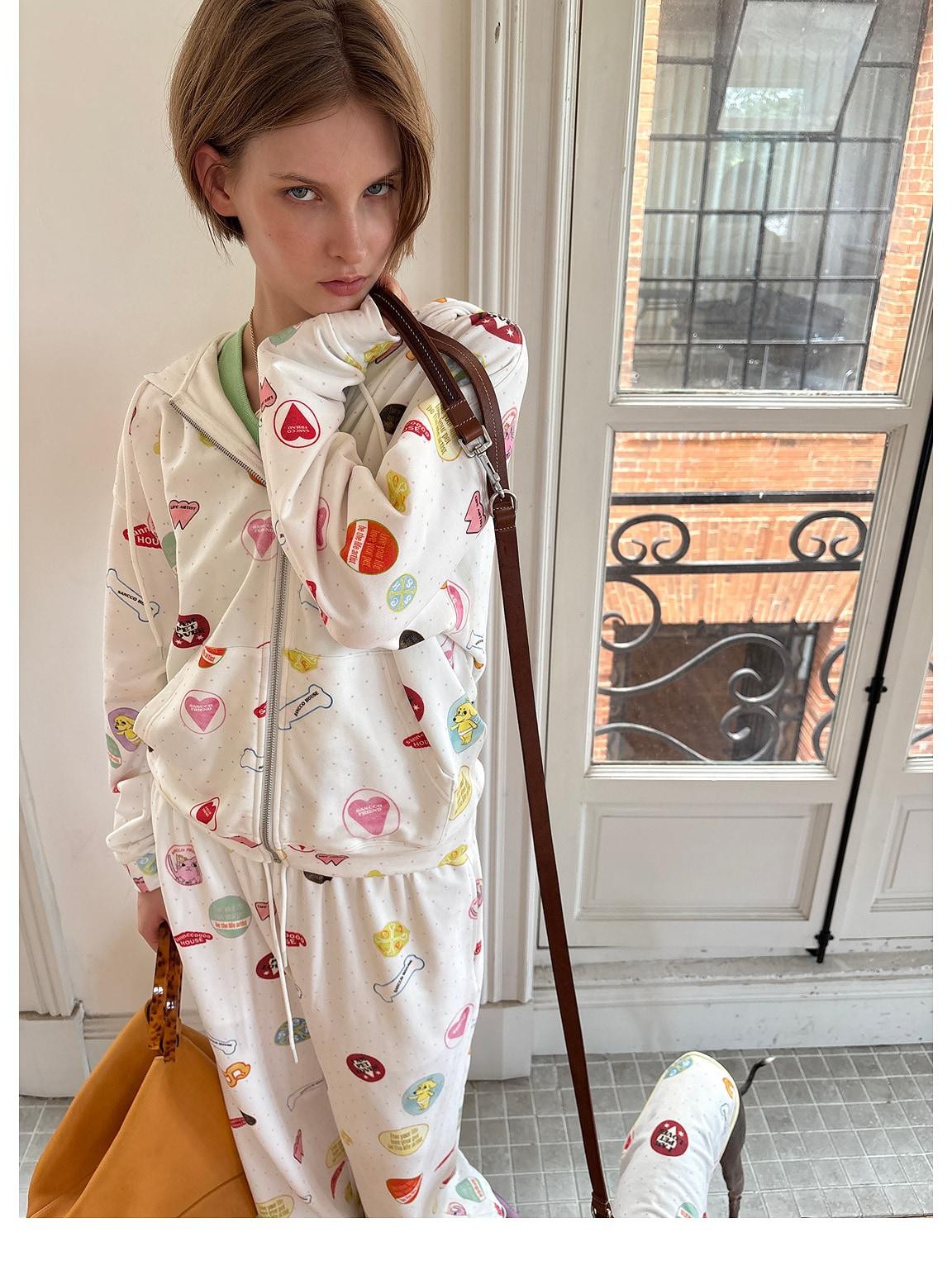 sancco house Colorful Badge Print Hooded Zip Loose Women&